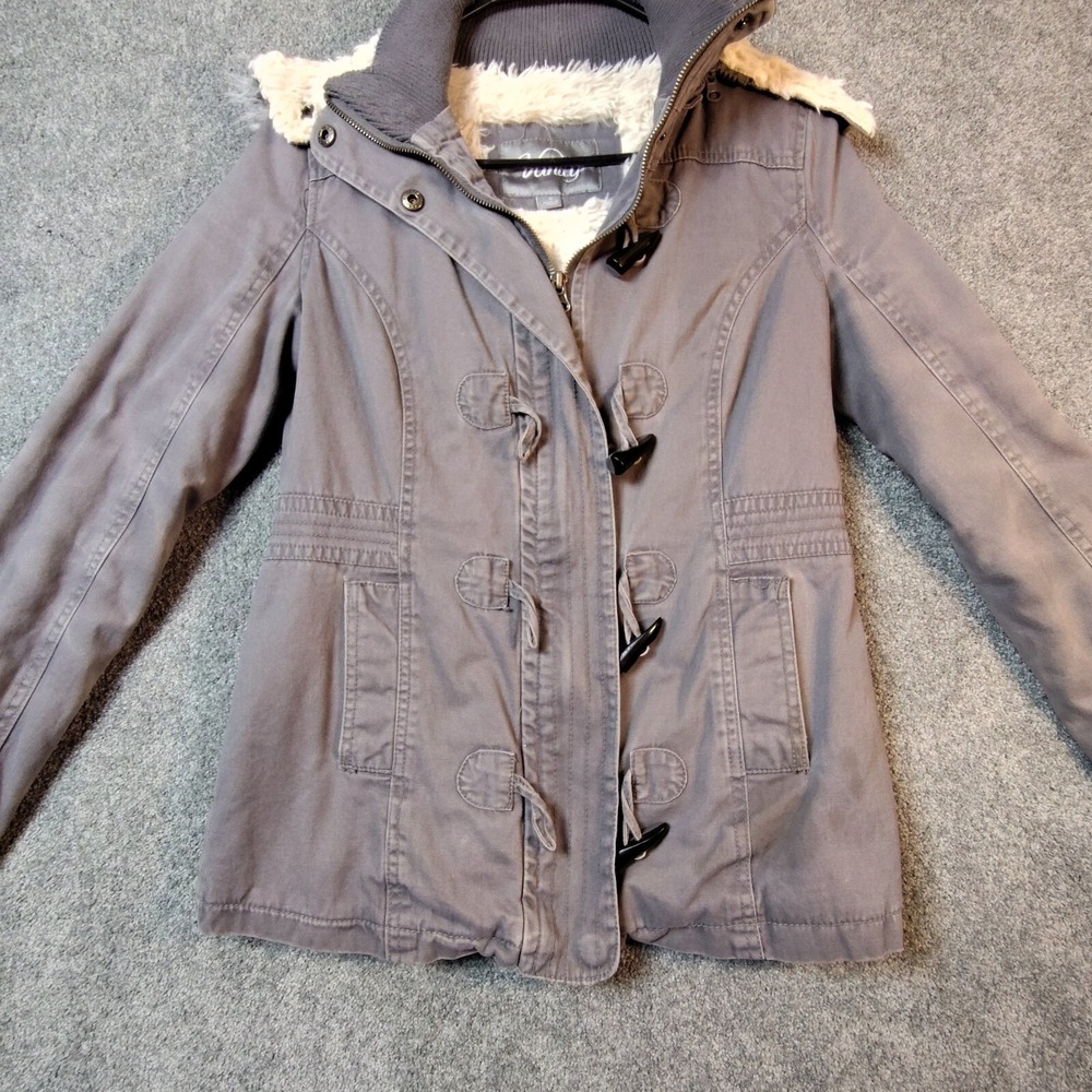 Vanity Womens Gray Quilted Jacket Full Zip Faux Fur Hooded Coat Small Sleeve